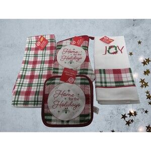 5 pc kitchen towel set (2 Kitchen Towels 1 Oven Mitt 2 Potholders Home for Holid
